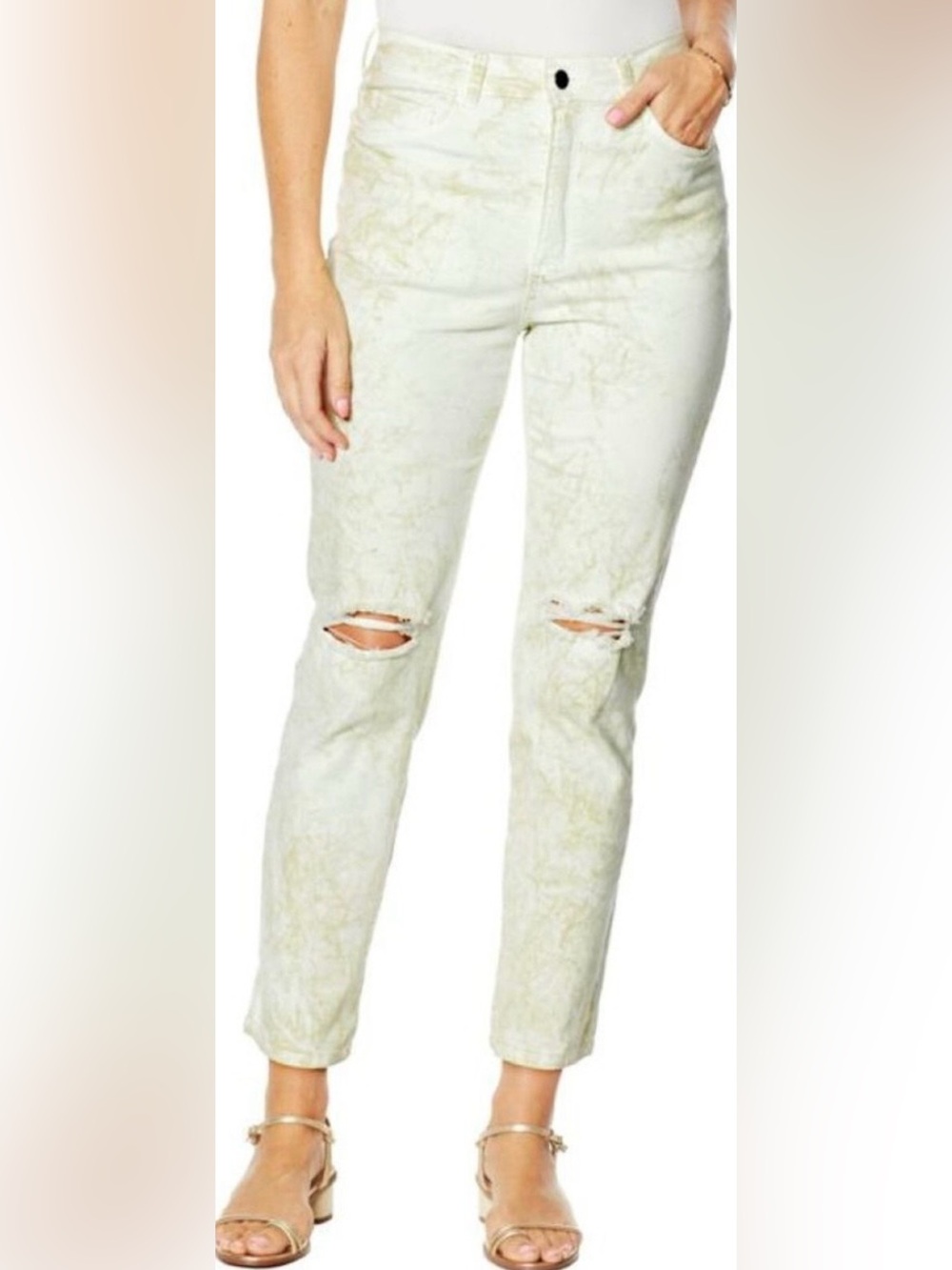 Brittney Humble NWOT Distressed knees Cream & Green Tie-Dye marble Jeans size 8